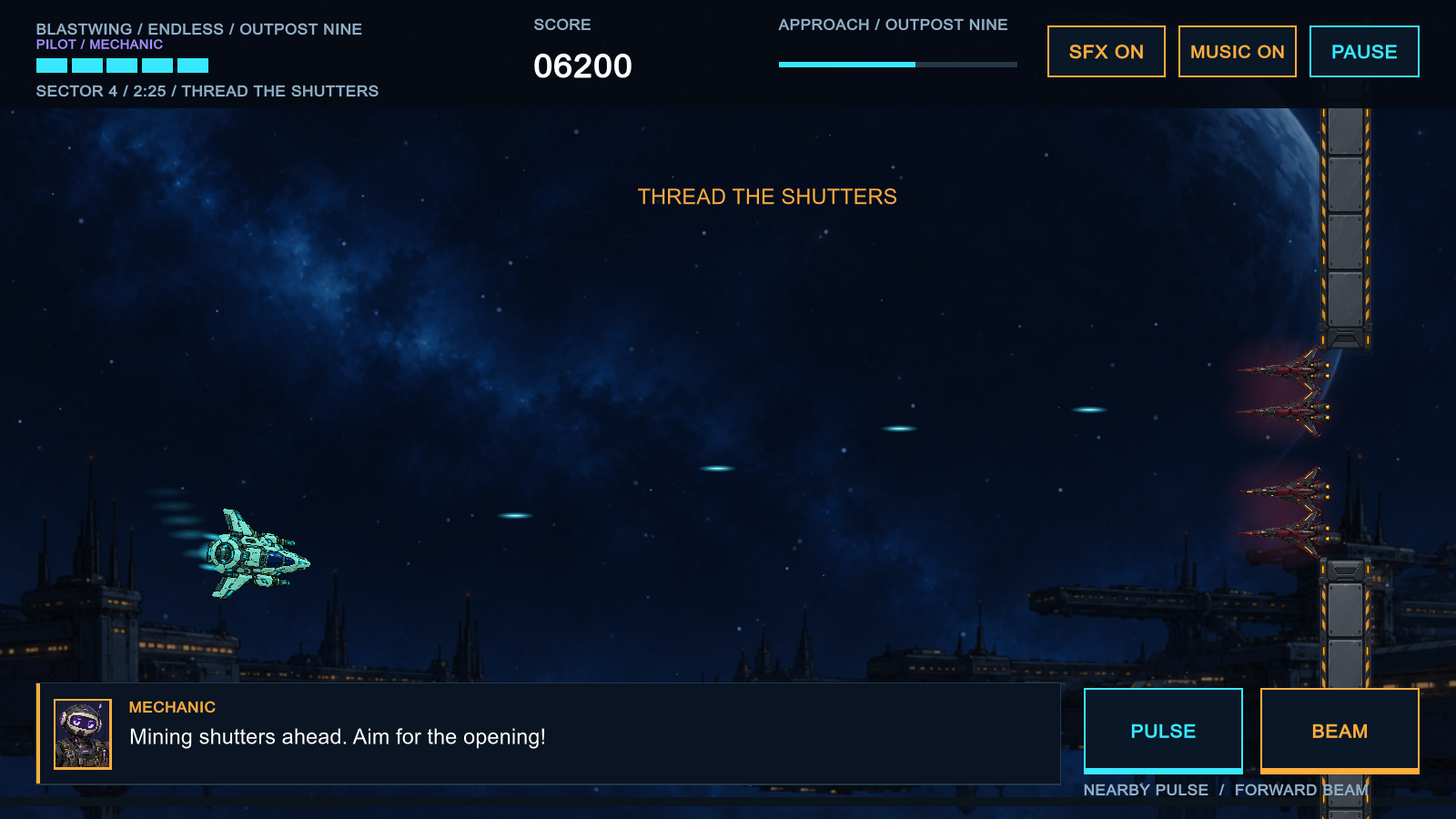 Blastwing Endless Patrol gameplay with a fighter, enemies and mining shutters
