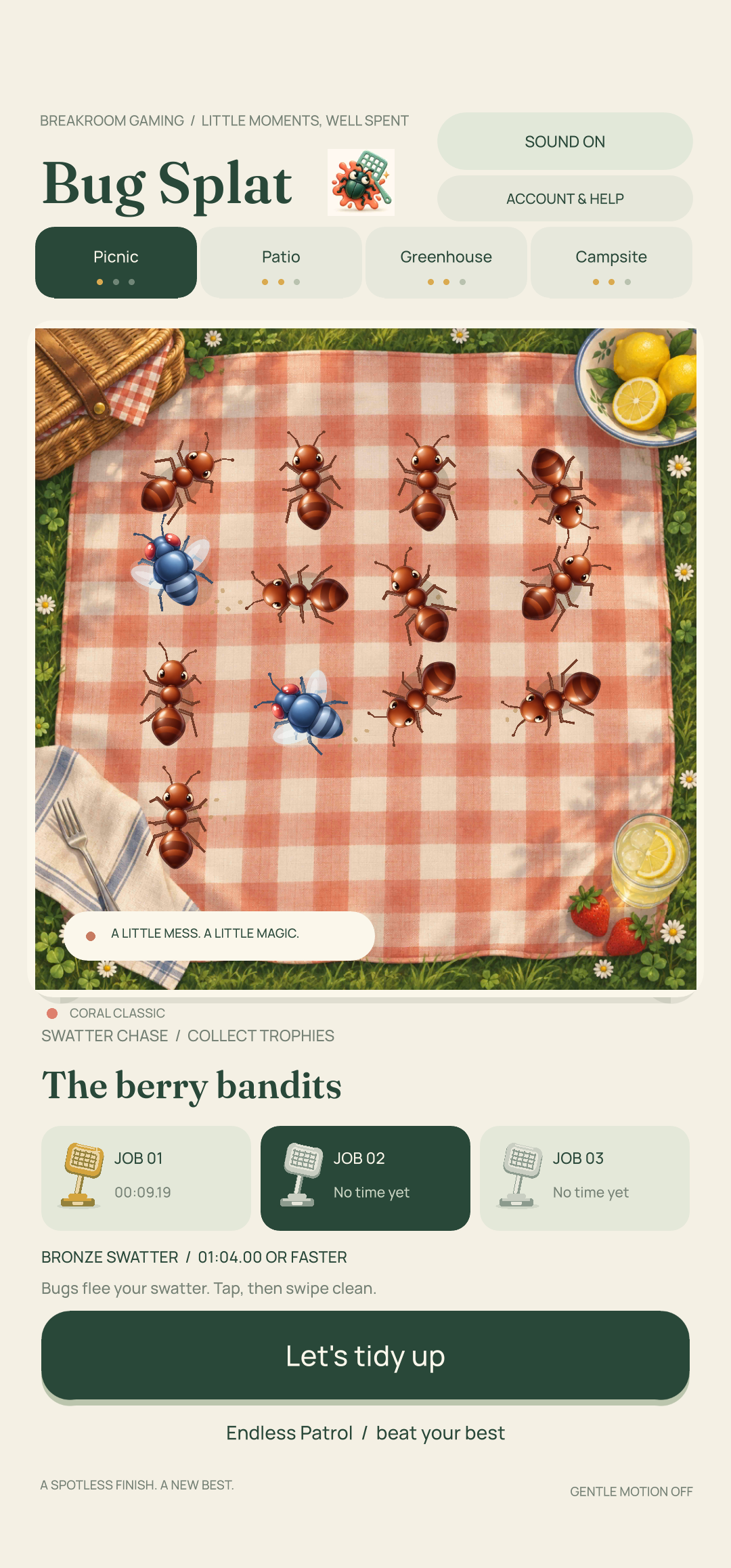 Bug Splat Android job selection with ants and flies on the picnic blanket